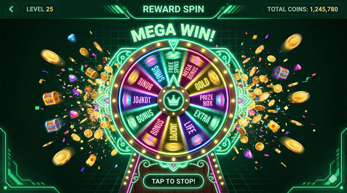 Colourful spinning reward wheel with coins and prizes, Spin & Win in-app game for DealCart